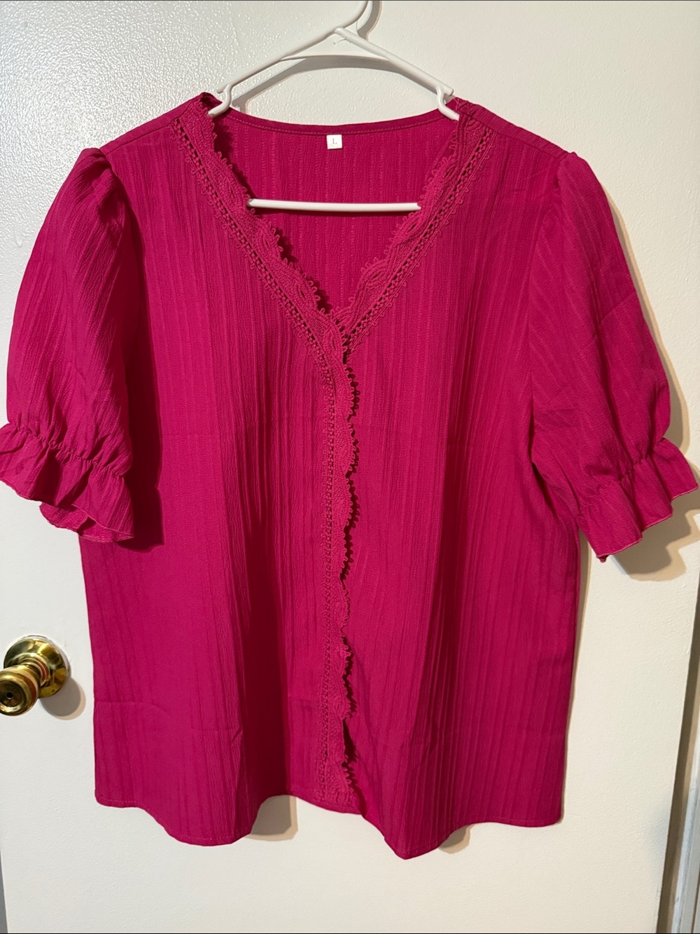 Women's Fuchsia V-Neck Ruffle Sleeve Blouse